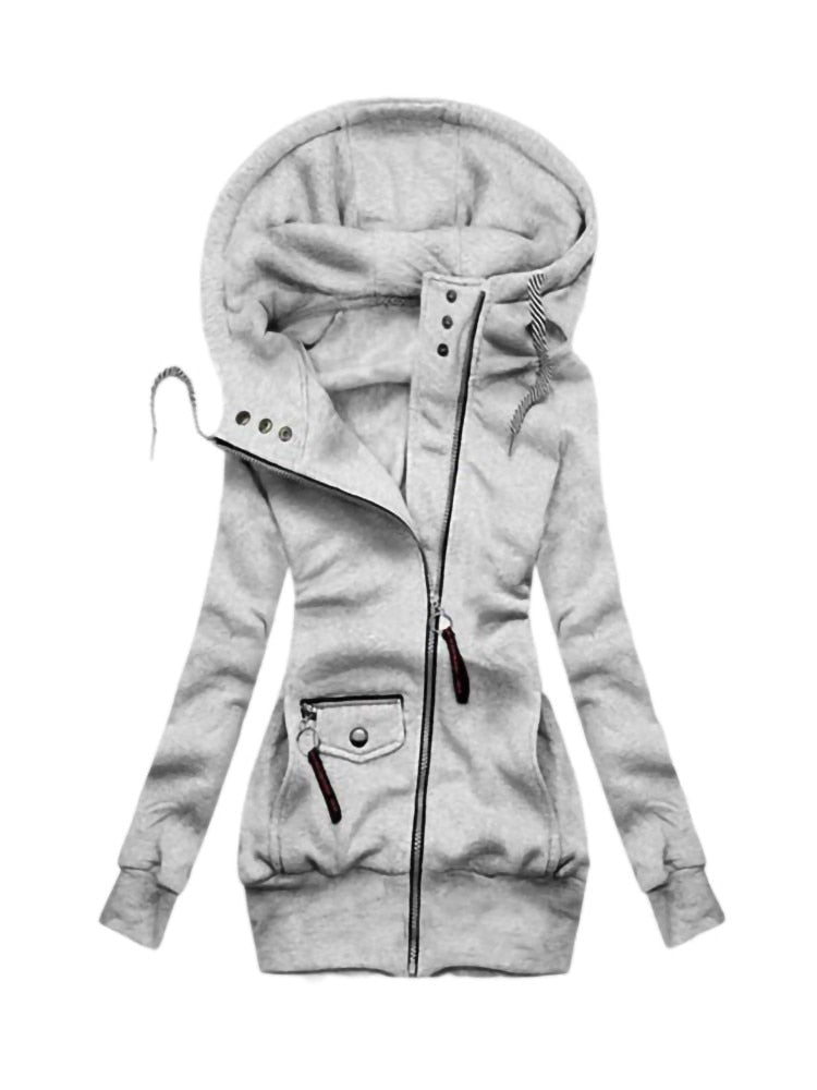 Grauer Damen-Kapuzenpullover mit Reißverschluss, Baumwolle, modisch, bequem, Freizeitkleidung.