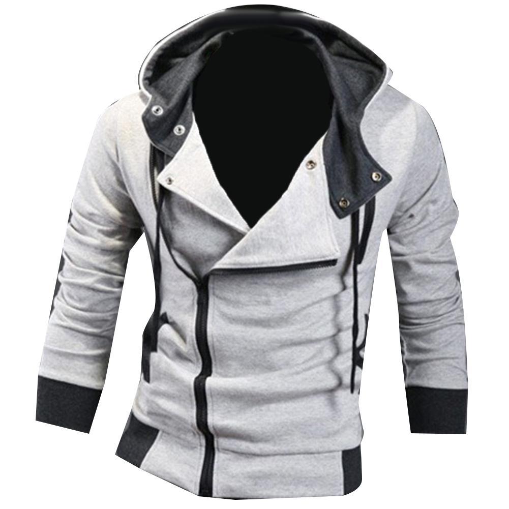 Grauer Herren-Kapuzenpullover mit Reißverschluss, modisches Design, Baumwollmischung.