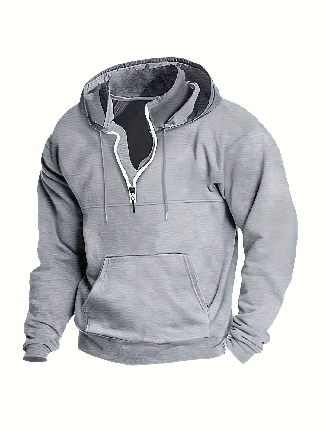 Grauer Kapuzenpullover Herren, Reißverschluss, Kängurutasche, Baumwolle, Freizeitmode.