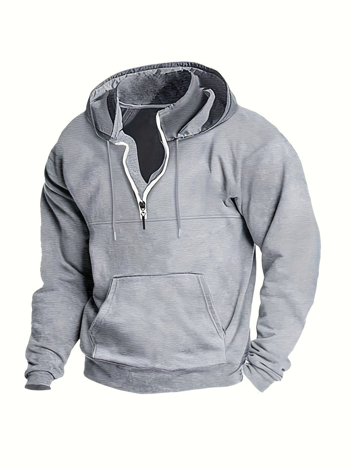 Grauer Kapuzenpullover Herren, Reißverschluss, Kängurutasche, Baumwolle, Freizeitmode.