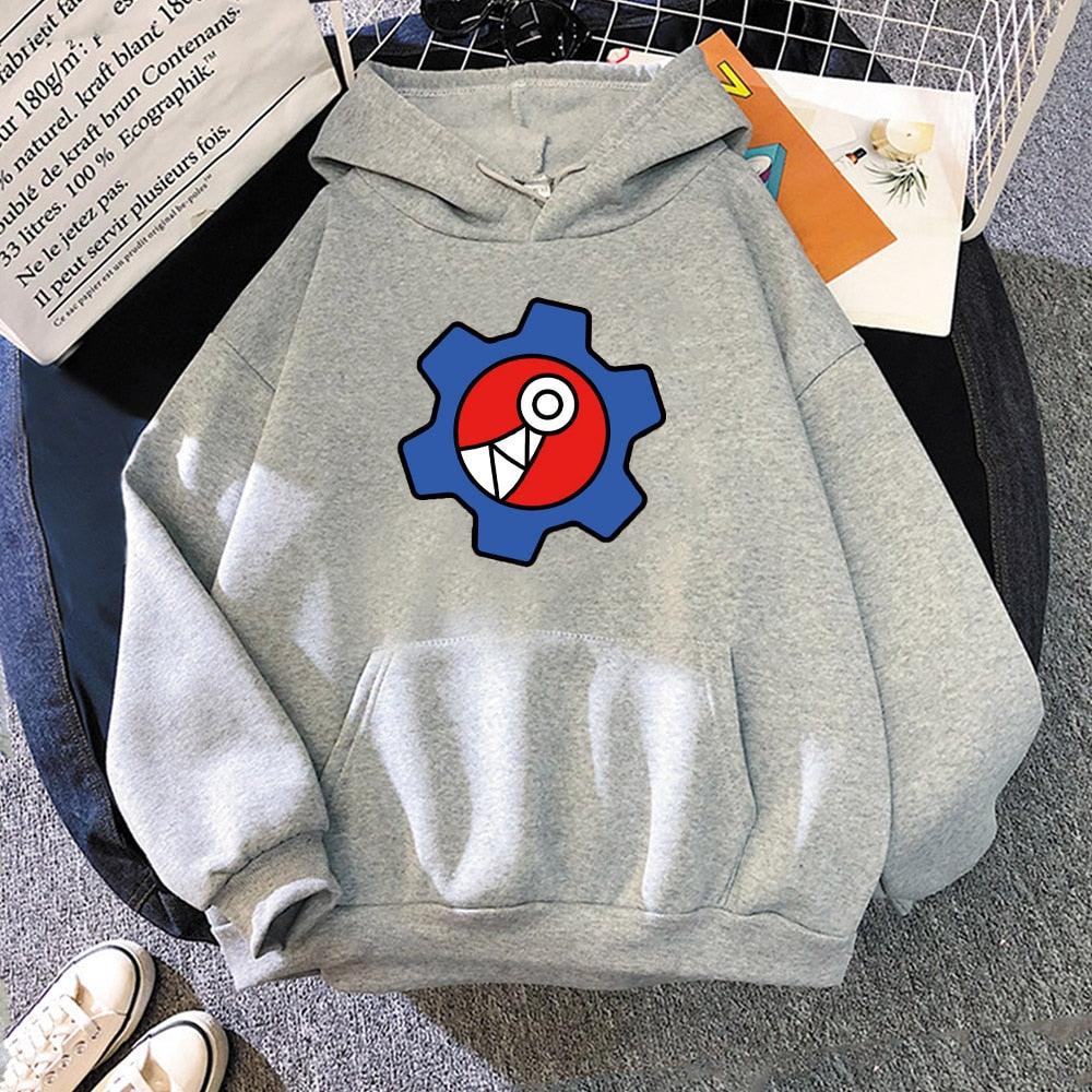 Grauer Kapuzenpullover mit buntem Zahnrad-Design, Unisex, Baumwolle, lässiger Stil.