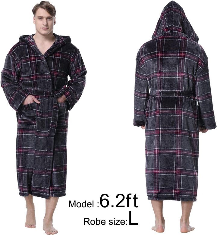 Männer Bademantel mit Kapuze, kariert, grau-rot, Fleece, Größe L, gemütlich und warm.