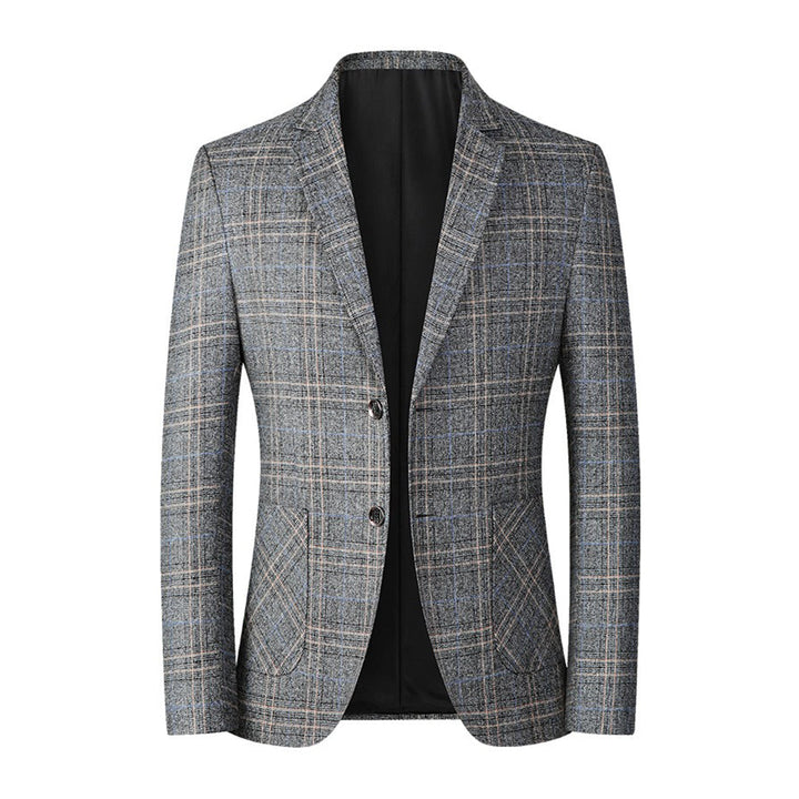 Grauer Herrenblazer kariert, Freizeitmode, eleganter Anzug, hochwertiger Stoff, stilvoll.