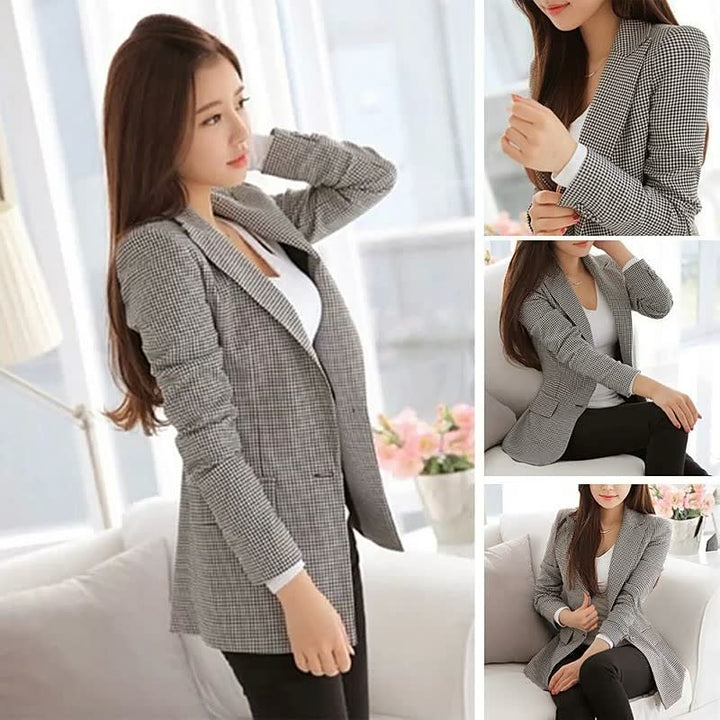Eleganter Damenblazer kariert, grau-weiß, tailliert, modisch, Business-Look, Herbstmode.