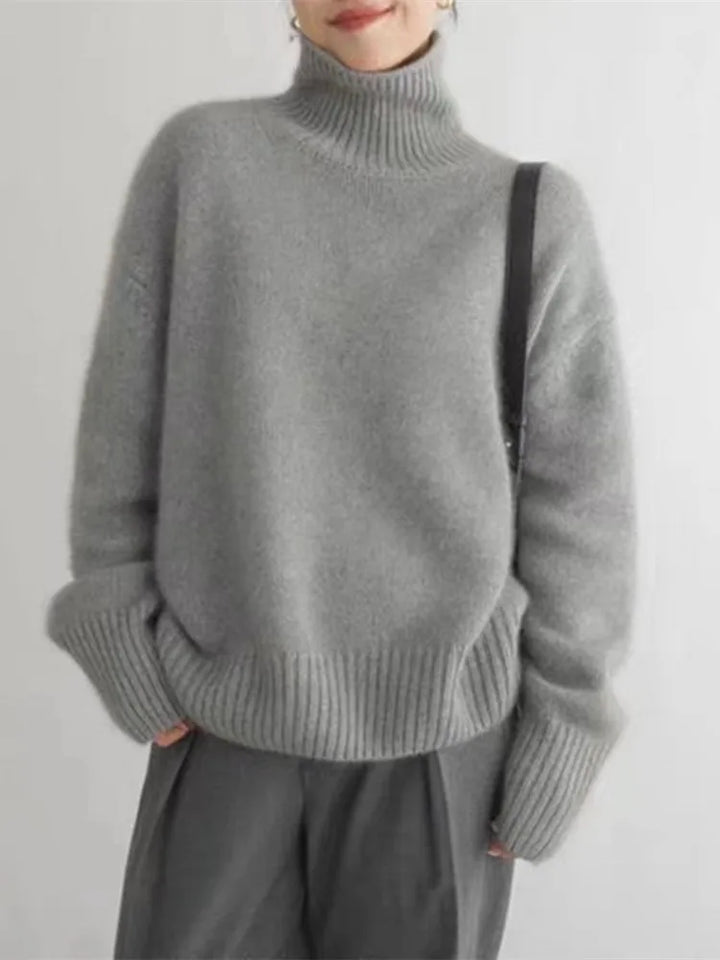 Grauer Damen-Kaschmirpullover, Rollkragen, Herbst Winter 2023, locker, warm, elegant.