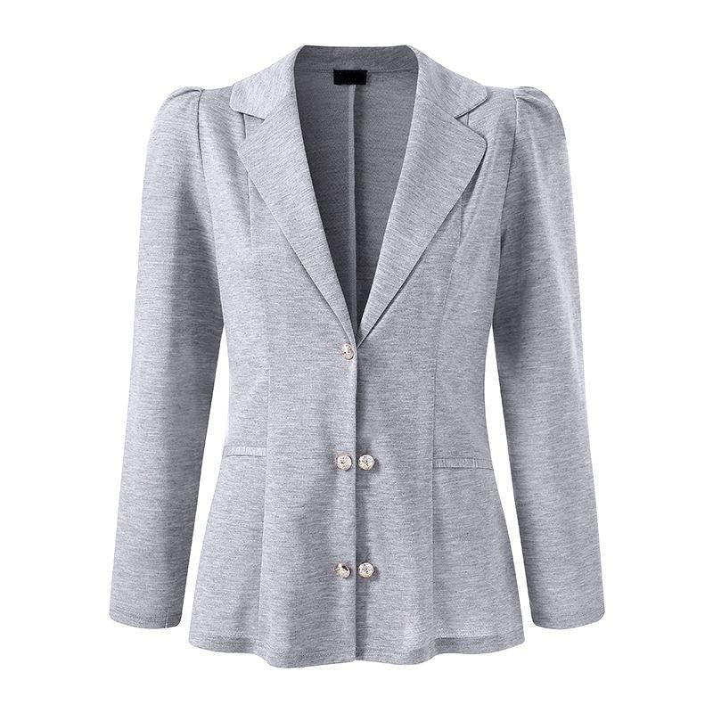 Grauer Damenblazer mit Reverskragen, Langarm, Knopfleiste, eleganter Business-Look.