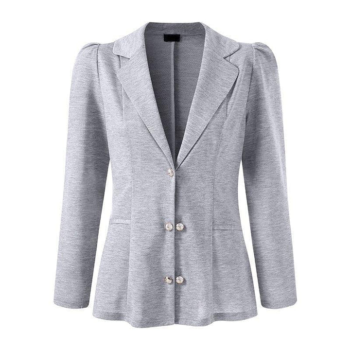 Grauer Damenblazer mit Reverskragen, Langarm, Knopfleiste, eleganter Business-Look.