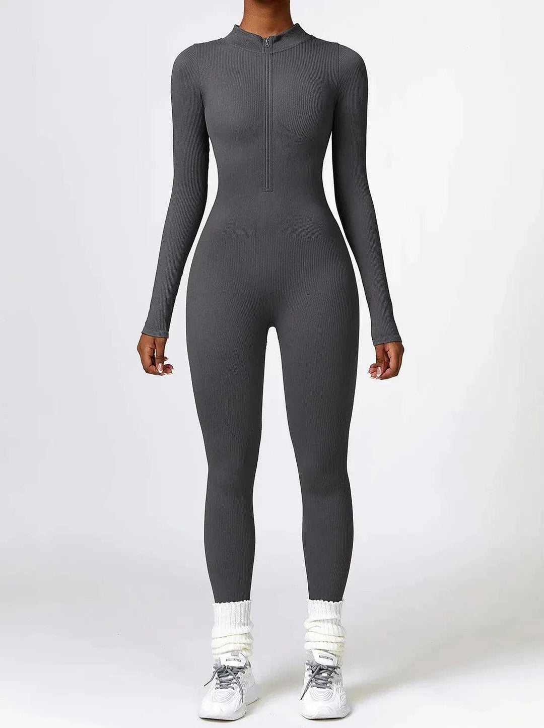 Damen Jumpsuit langarm grau, Reißverschluss, eng anliegend, sportlich, bequem, modisch.
