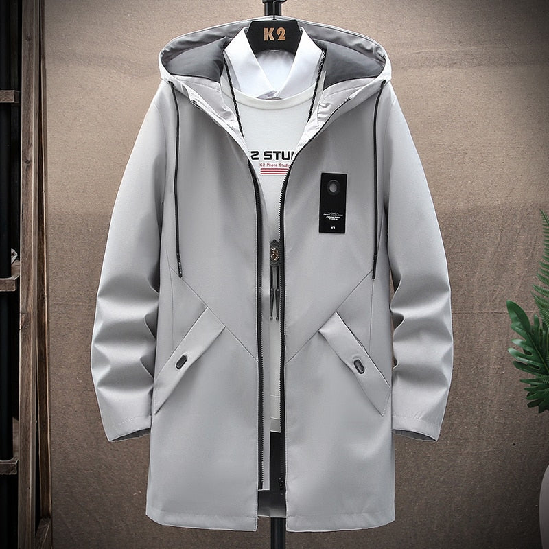 Grauer Herrenmantel mit Kapuze, Reißverschluss, Taschen, modisch, wasserabweisend, Winterjacke.