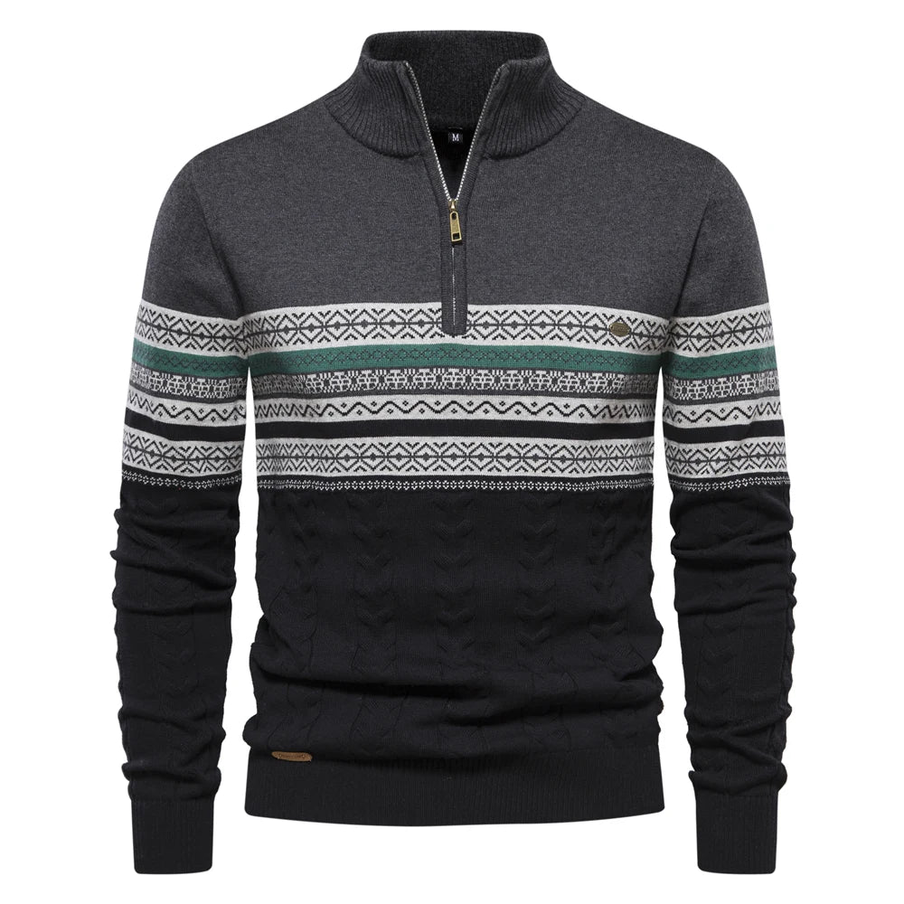 Dunkelgrauer Herrenpullover mit Reißverschluss, Norwegermuster, Wintermode, Strickware.