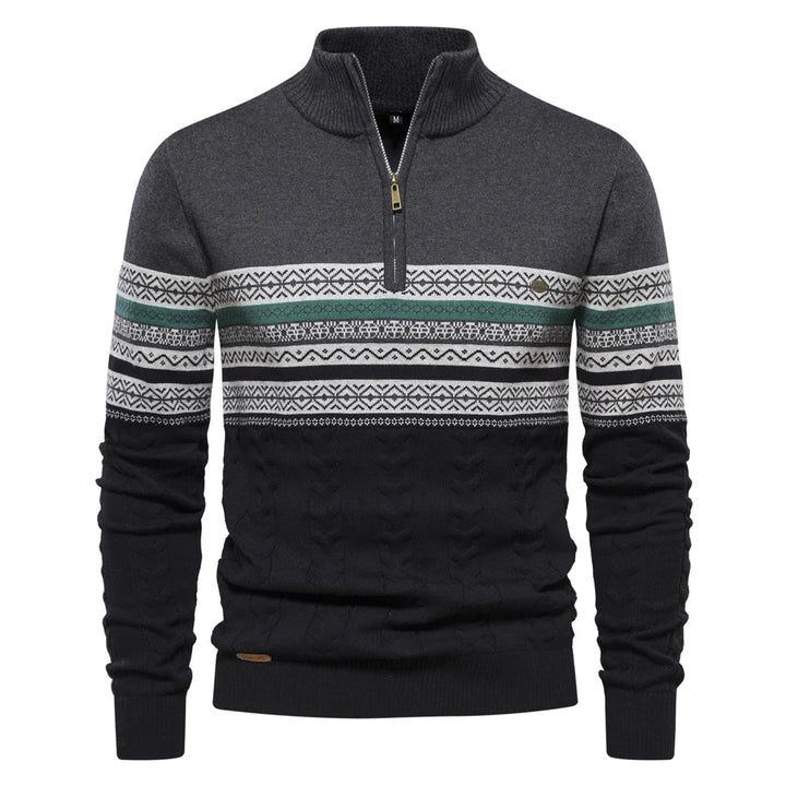 Dunkelgrauer Herrenpullover mit Reißverschluss, Norwegermuster, Wintermode, Strickware.