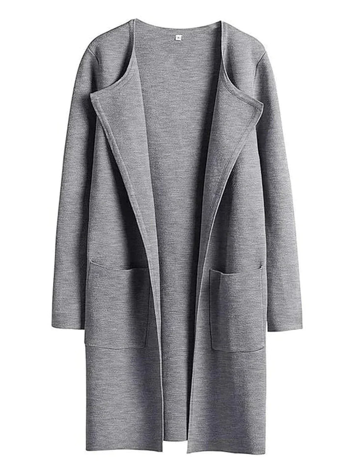 Grauer Damen-Cardigan aus Baumwolle, offenes Design, lange Ärmel, Taschen, lässiger Stil.