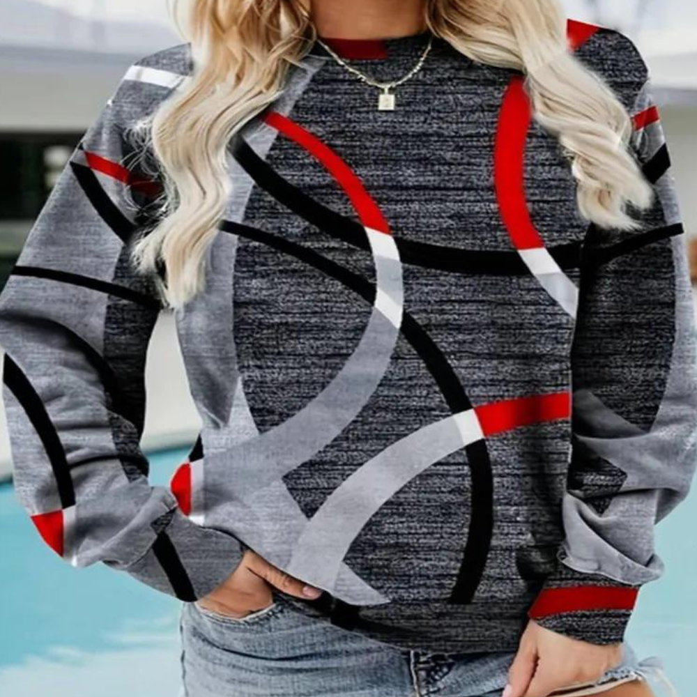 Damenpullover mit geometrischem Muster, grau-rot-schwarz, langärmelig, modisch, Freizeitlook.