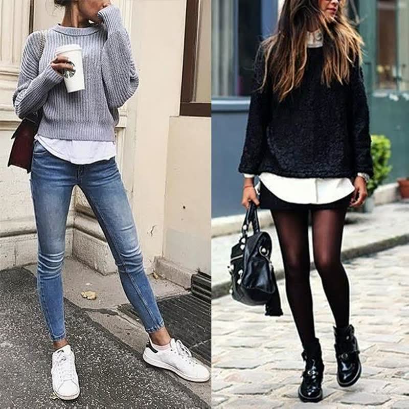 Zwei Frauen in modischer Herbstkleidung, Pullover, Jeans, Stiefel, Straße, urbaner Stil.