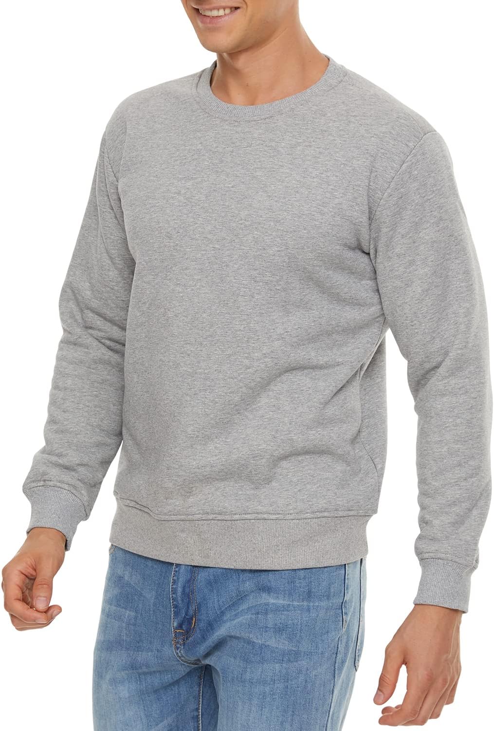 Grauer Herrenpullover, Rundhalsausschnitt, Baumwolle, lässig, bequem, modisch, Freizeitkleidung.