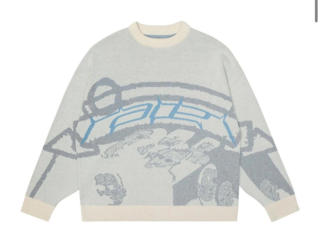 Grauer Strickpullover mit blauem Grafikmuster, Unisex, Baumwolle, lässiger Stil.