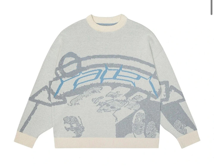 Grauer Strickpullover mit blauem Grafikmuster, Unisex, Baumwolle, lässiger Stil.