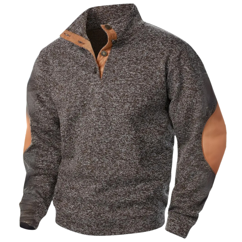 Grauer Herrenpullover mit braunen Lederakzenten, Strickmaterial, modisch und warm.