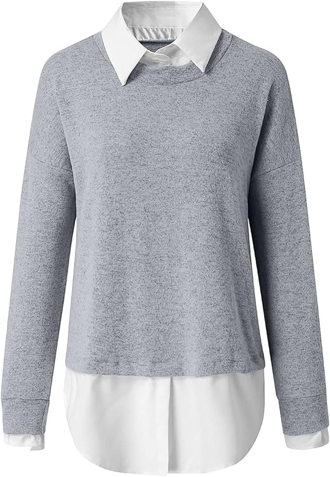 Grauer Damenpullover mit weißem Hemdkragen, Langarm, elegantes Design, Baumwollmischung.