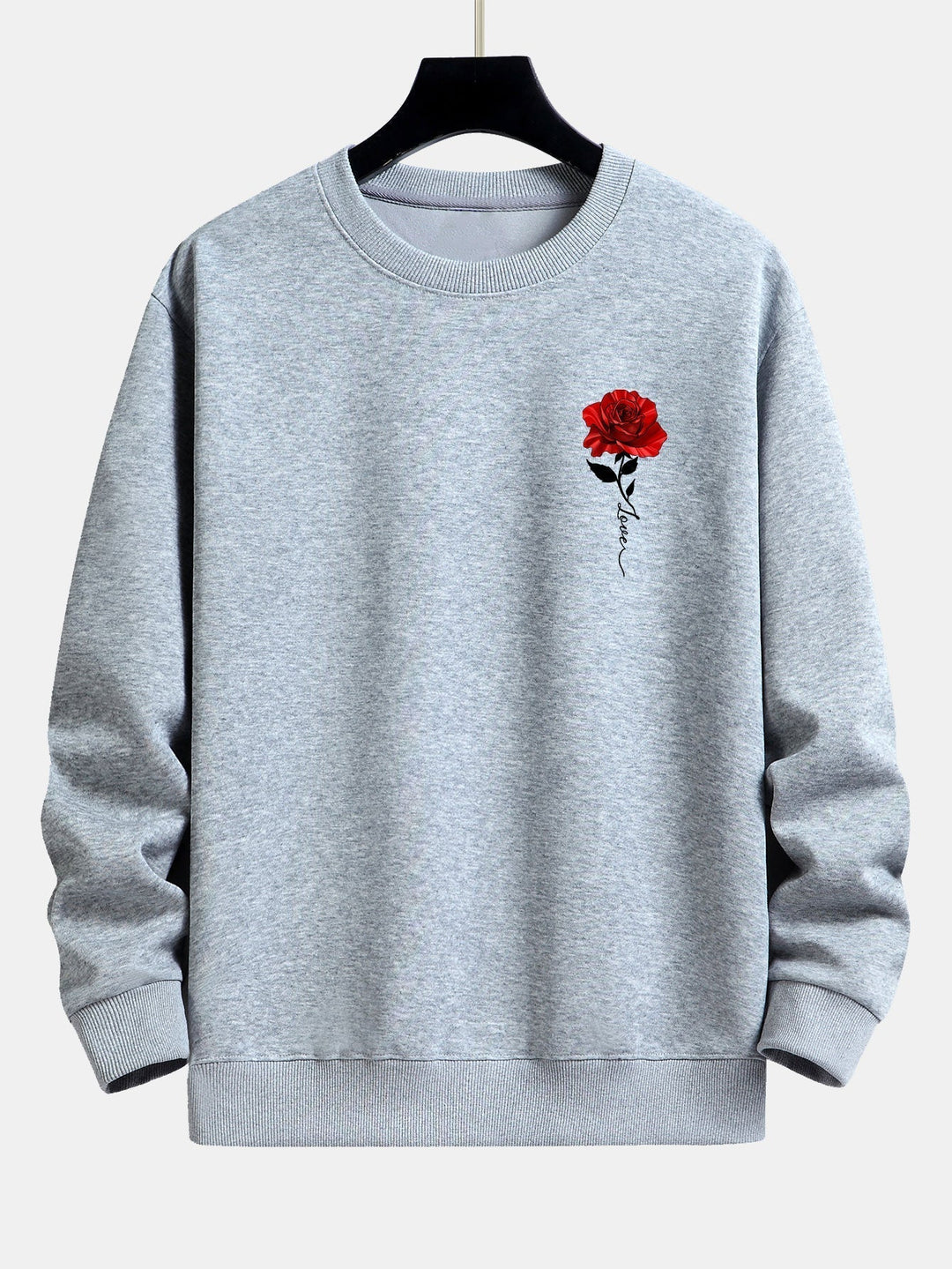 Grauer Pullover mit rotem Rosenmotiv, Unisex, Baumwolle, lässig, modisch, bequem.