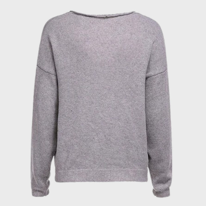 Grauer Damenpullover aus Baumwolle, Rückansicht, lässiger Stil, Langarm, modisch.