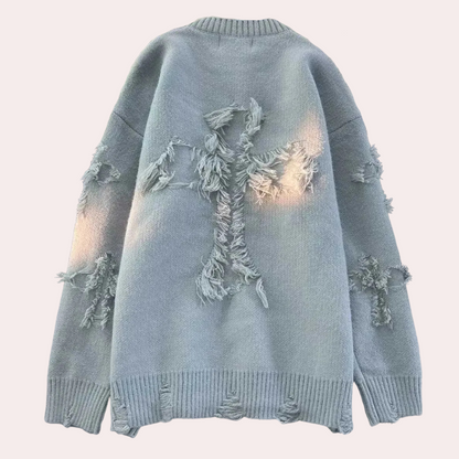 Grauer Strickpullover mit Fransen, Kreuzmuster, Unisex, modisch, lässig, Baumwolle.