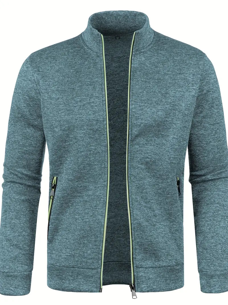 Graue Herrenjacke, Reißverschluss, Stehkragen, Freizeitmode, Baumwolle, sportlich, elegant.