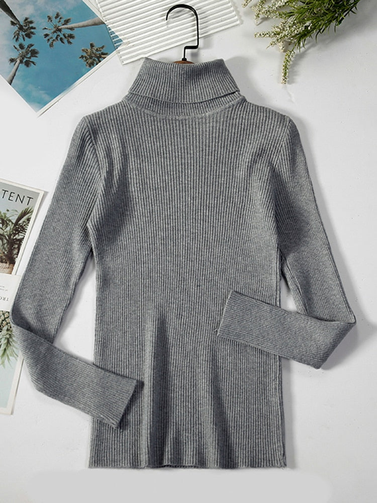Grauer Rollkragenpullover Damen, gerippt, langärmelig, Wintermode, Strickware.