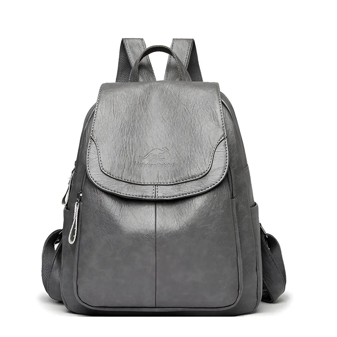 Grauer Leder-Rucksack, modisch, mit Reißverschlüssen, ideal für Damen, stilvoll und praktisch.