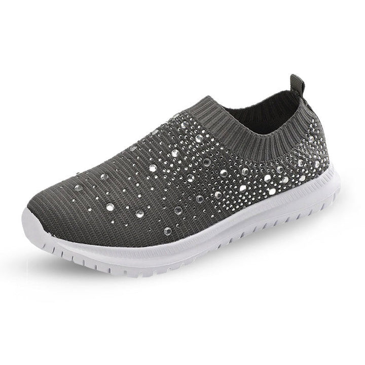 Grauer Damen-Sneaker mit Strasssteinen, atmungsaktiv, rutschfest, modisch.