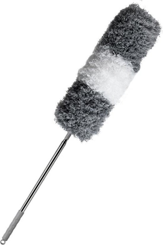 Grauer Staubwedel mit Teleskopstiel, Mikrofaser, ideal für Reinigung schwer erreichbarer Stellen.