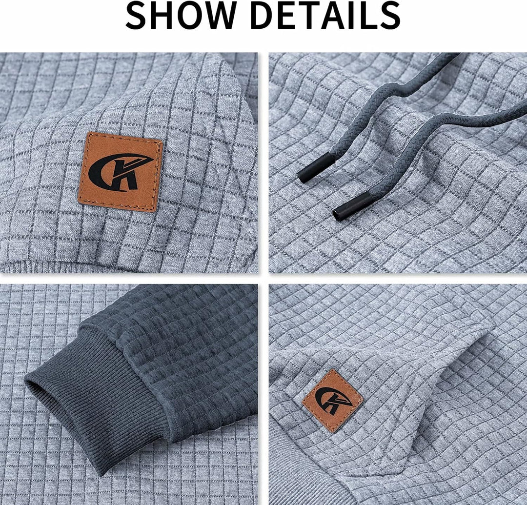 Grauer Kapuzenpullover mit Kordelzug, kariertem Muster, Lederlogo, Rippbündchen, Herrenmode.