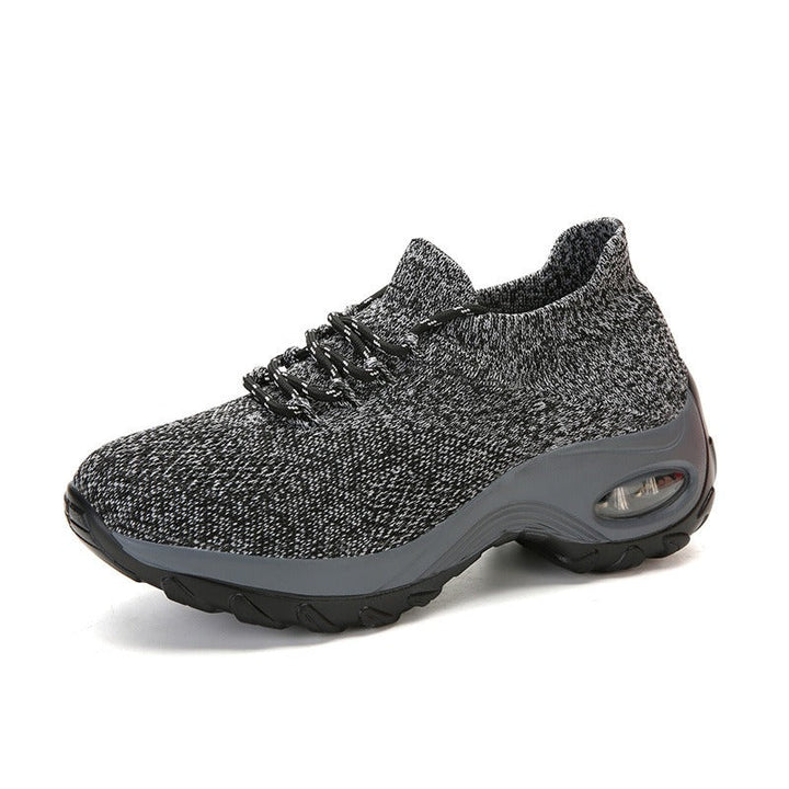 Grauer Sneaker mit Luftpolstersohle, Strickmaterial, bequeme Sportschuhe für Damen.