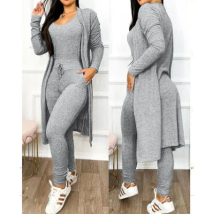 Graues Damen-Loungewear-Set, langärmelig, Strick, bequem, modisch, Freizeitkleidung.