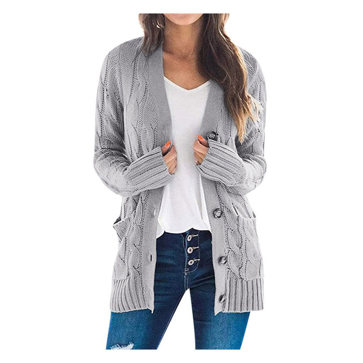 Damen Strickjacke grau, Zopfmuster, Knöpfe, lässig, modisch, Herbstmode, bequem, warm.