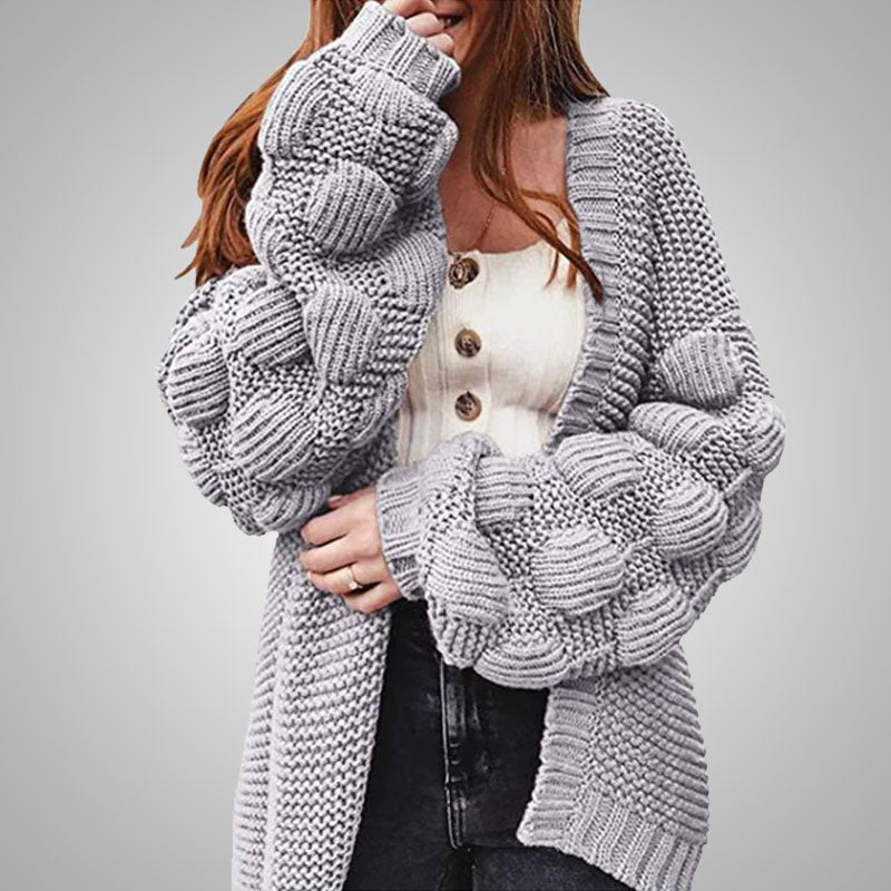 Grauer Strick-Cardigan Damen, grob gestrickt, Blasenärmel, modisch, gemütlich.