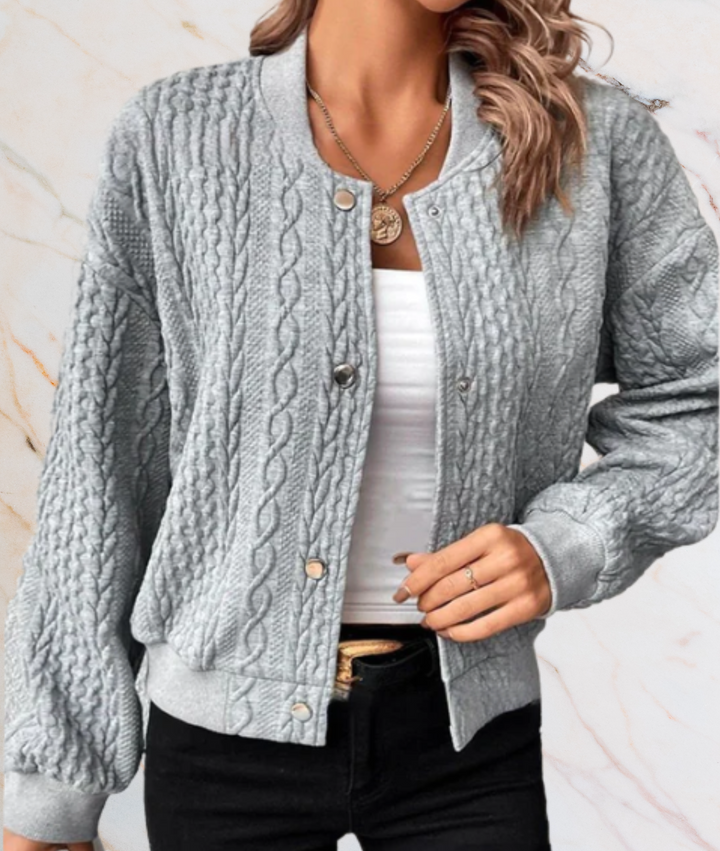 Graue Strickjacke Damen, Zopfmuster, Knopfleiste, lässig, modisch, Herbstmode, Baumwolle.