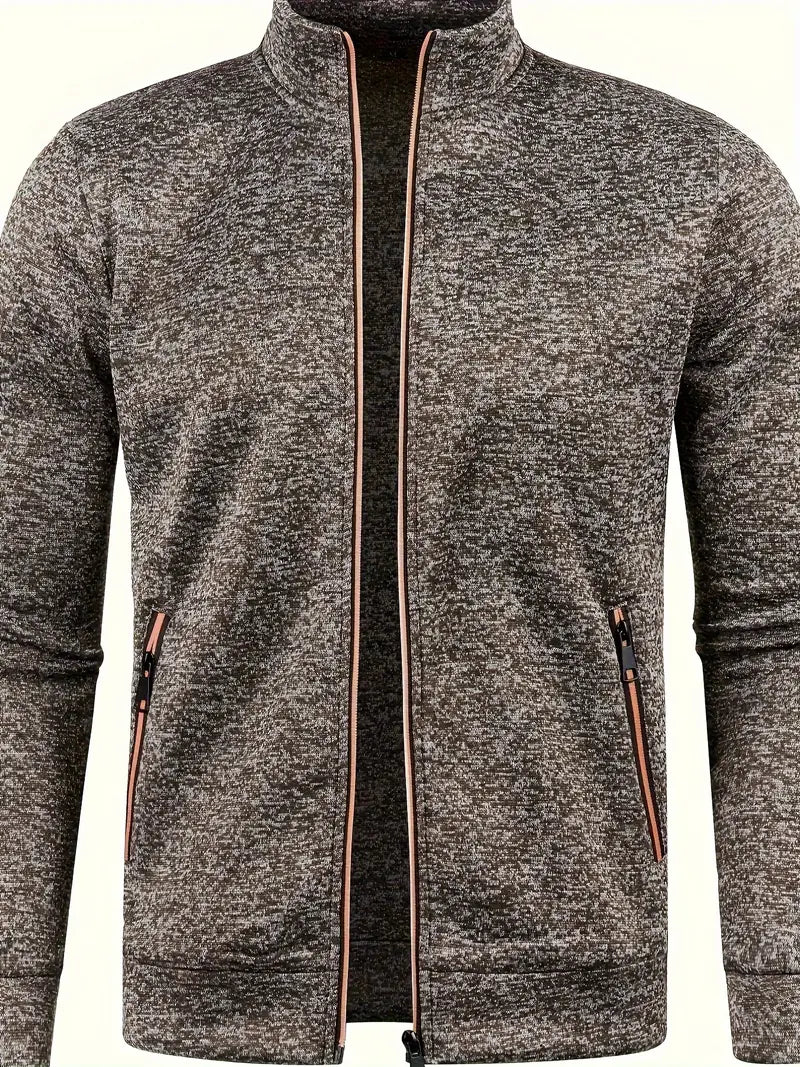 Graue Herren-Strickjacke mit Reißverschluss, Stehkragen und Taschen, modisch und bequem.