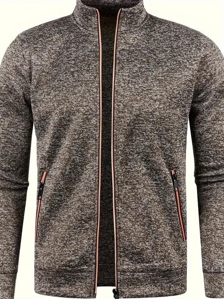 Graue Herren-Strickjacke mit Reißverschluss, Stehkragen und Taschen, modisch und bequem.