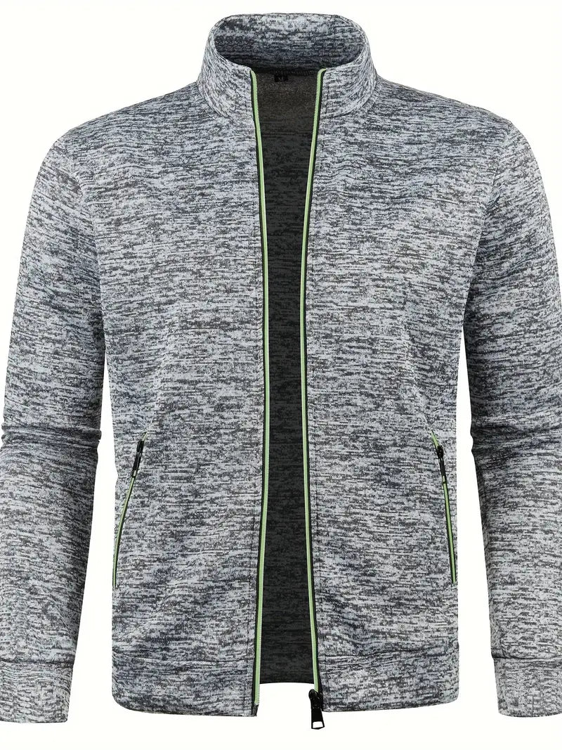 Graue Herren-Strickjacke mit Reißverschluss, Stehkragen, Taschen, sportlich, bequem.