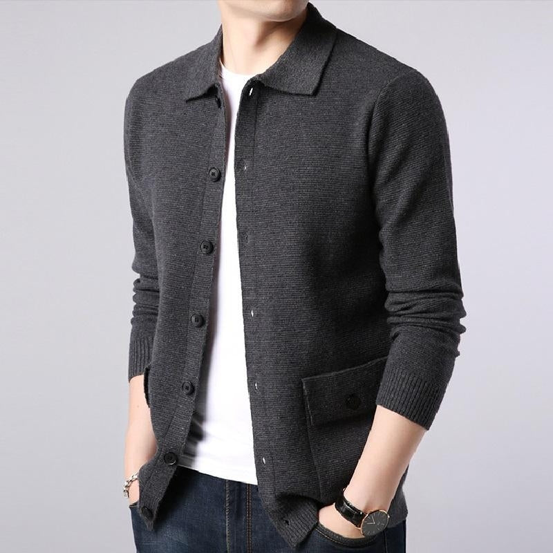 Grauer Herren-Cardigan, Strickjacke, Knopfleiste, Freizeitmode, Baumwolle, elegant, modern.