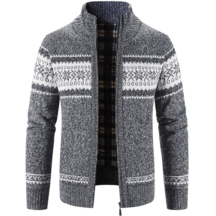 Grauer Herren-Strickjacke mit Muster, Reißverschluss, warm, Wintermode, casual, stilvoll.
