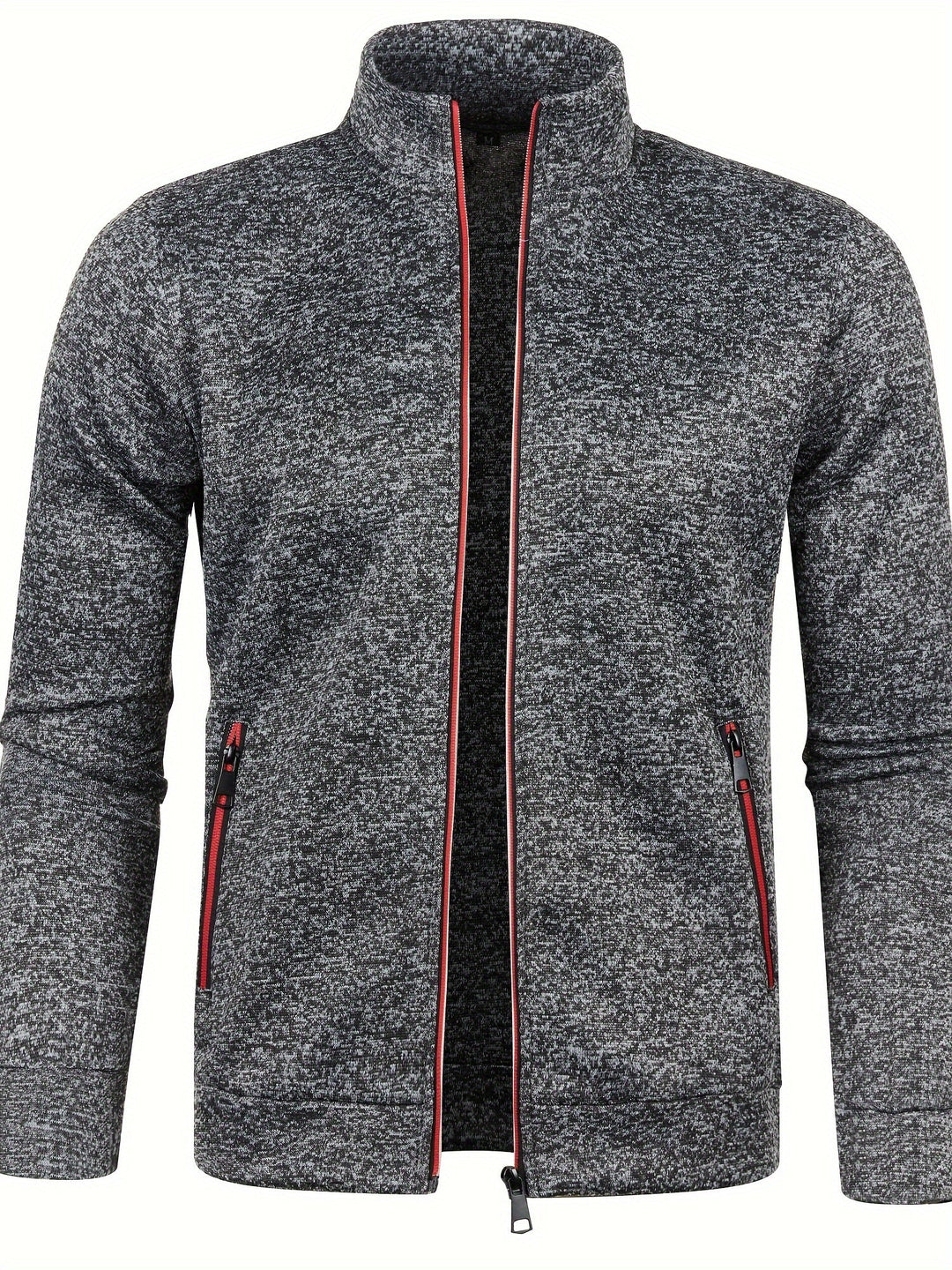 Graue Herren-Strickjacke mit Reißverschluss, Stehkragen und roten Akzenten.