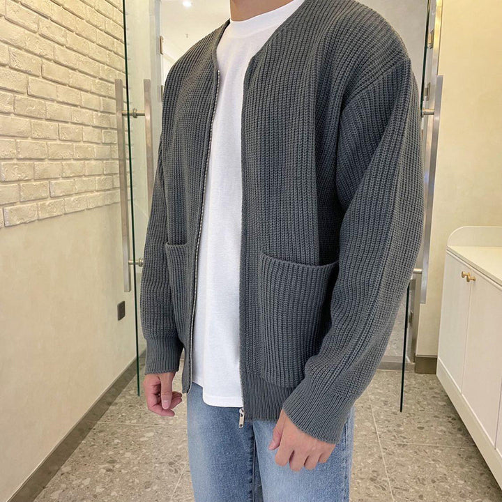 Grauer Strick-Cardigan für Herren, Reißverschluss, lässig, Baumwolle, modisch, bequem.