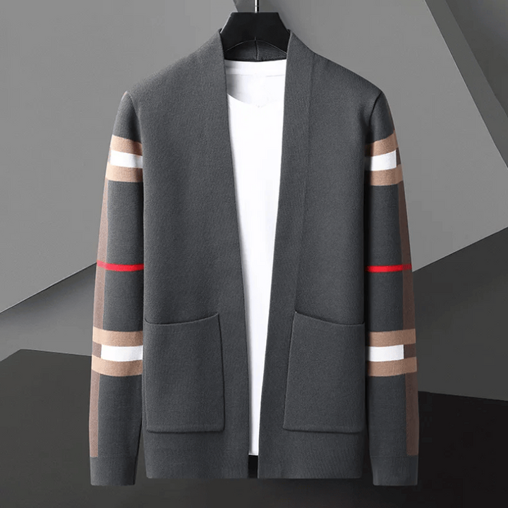Graue Strickjacke mit Streifenmuster, Herrenmode, Baumwolle, lässig, stilvoll, modern.