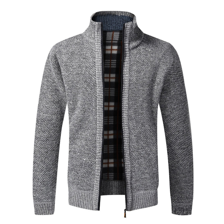 Grauer Herren-Strickjacke mit Reißverschluss, Stehkragen, kariertem Innenfutter, Wintermode.