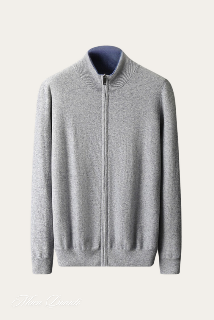 Grauer Herren-Kaschmir-Cardigan mit Reißverschluss, elegantes Design, weiches Material.