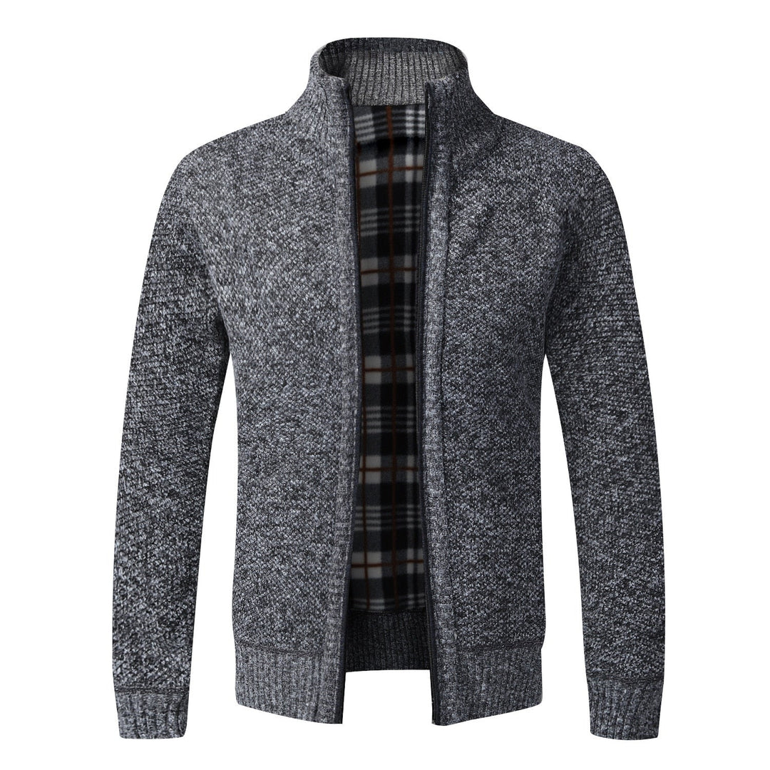Grauer Herren-Strickjacke mit Reißverschluss, warmes Futter, modisch, bequem, Wintermode.
