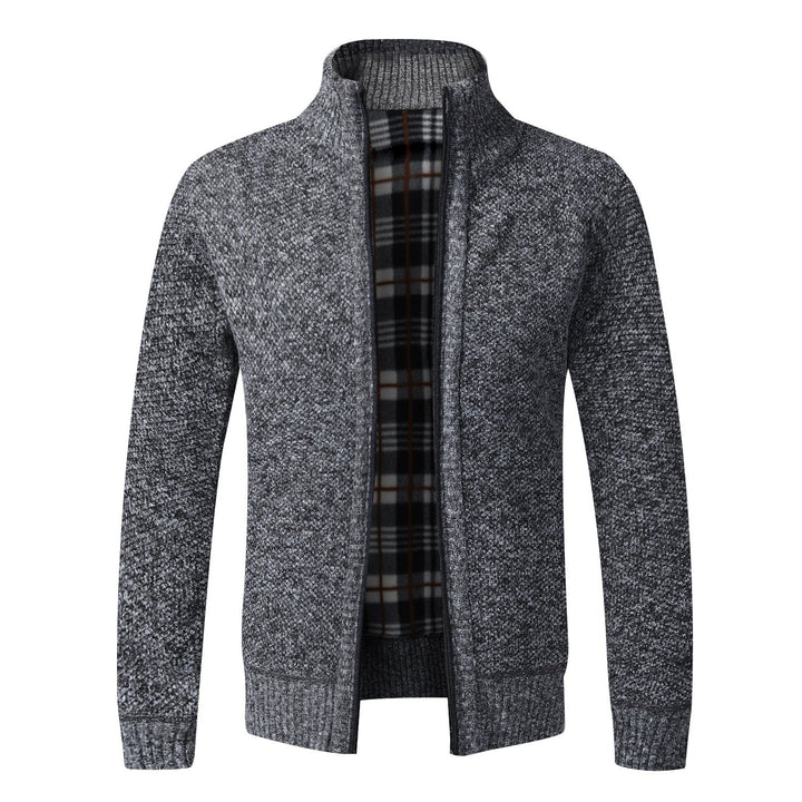 Grauer Herren-Strickjacke mit Reißverschluss, warmes Futter, modisch, bequem, Wintermode.