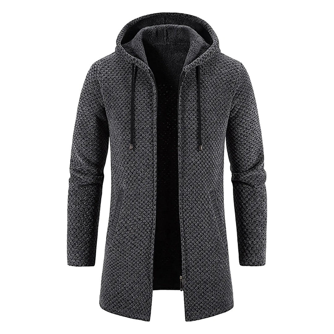 Dunkelgrauer Herrenmantel mit Kapuze, Strickmuster, langärmelig, modisch, warm.